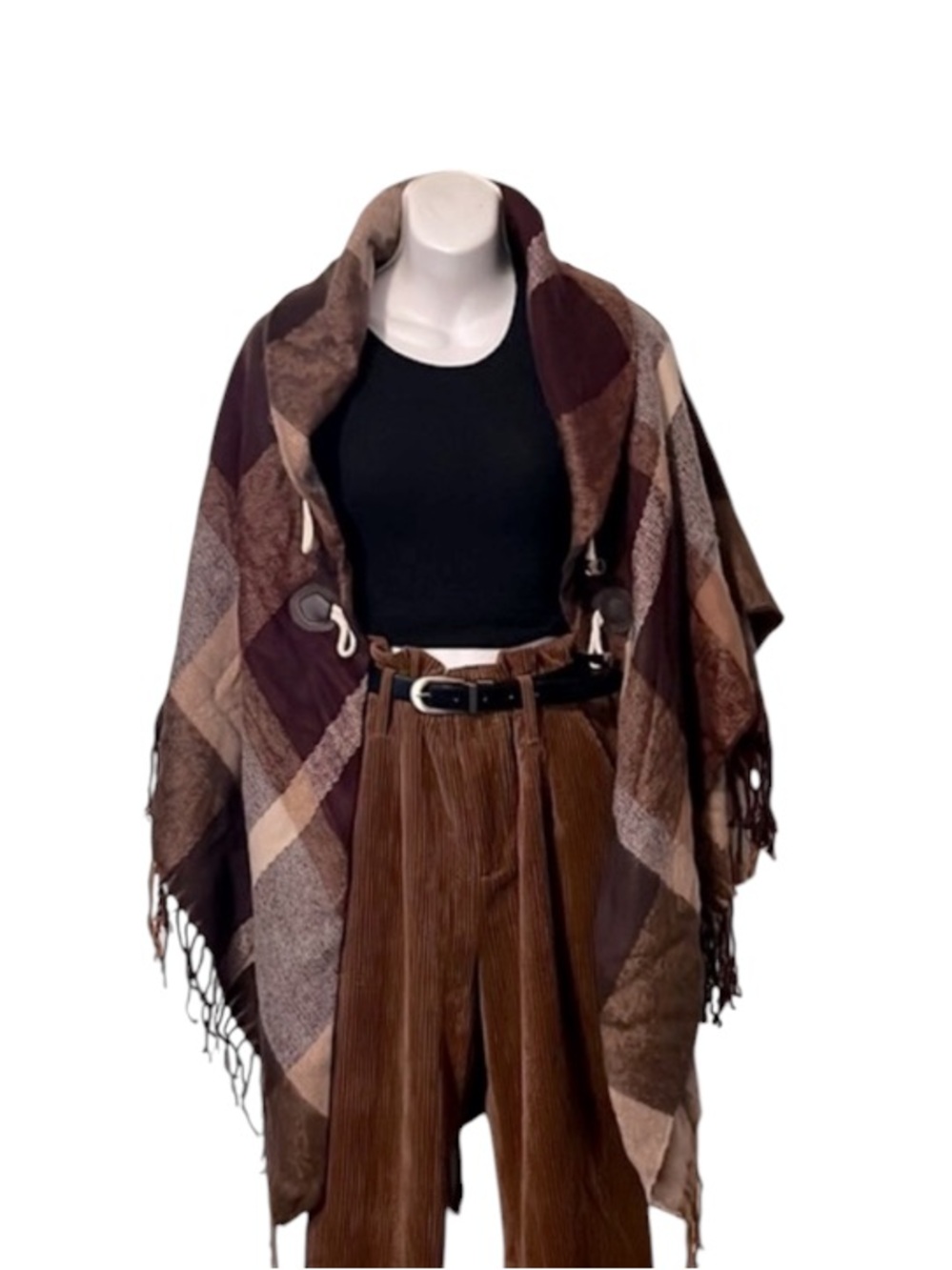 Moss Rose Women’s Brown Tan Merlot Plaid Shawl Poncho Cardigan Sweater OS